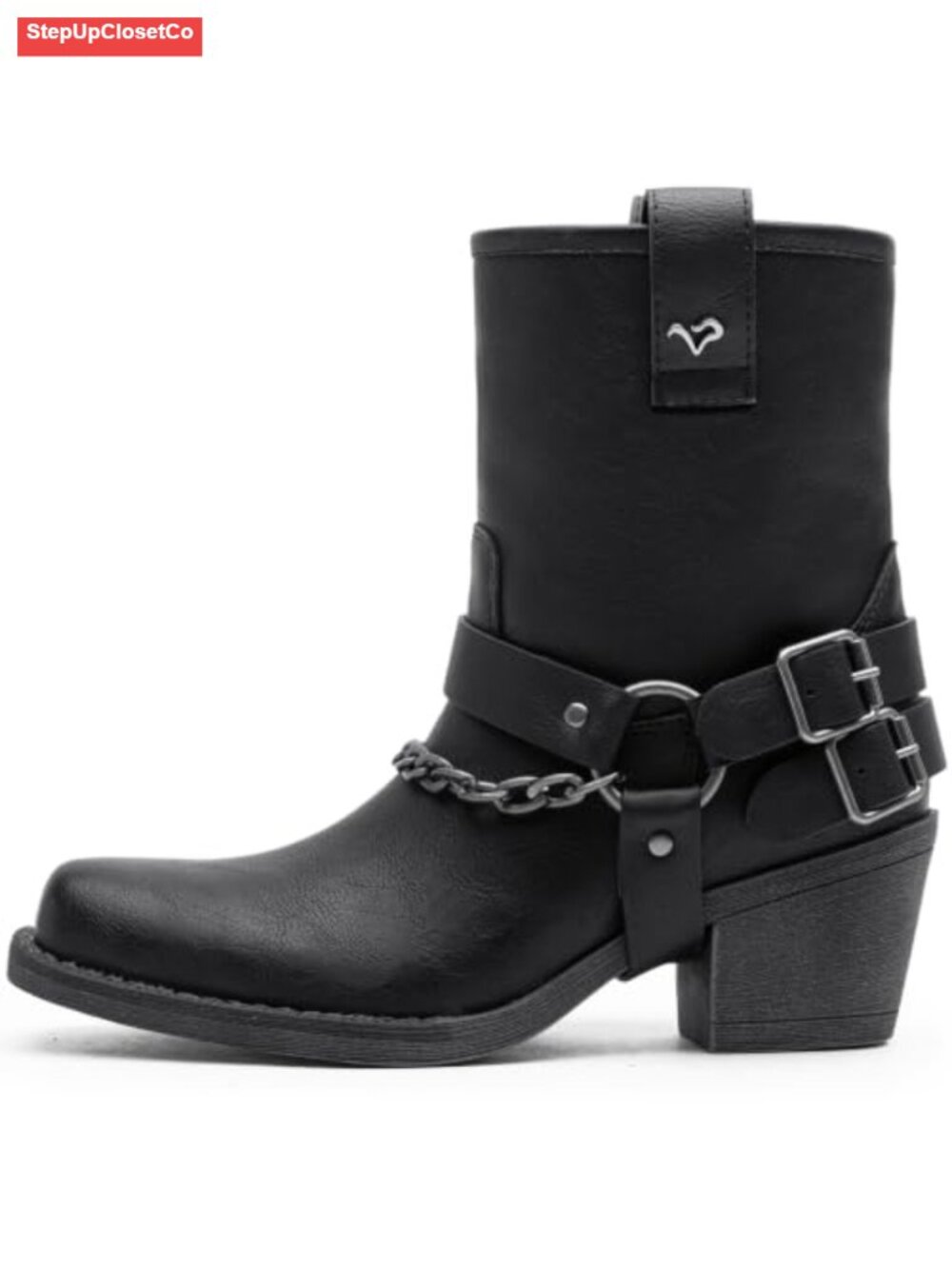 Square Toe Ankle Booties with Removable Buckle Harness Low Chunky Heel